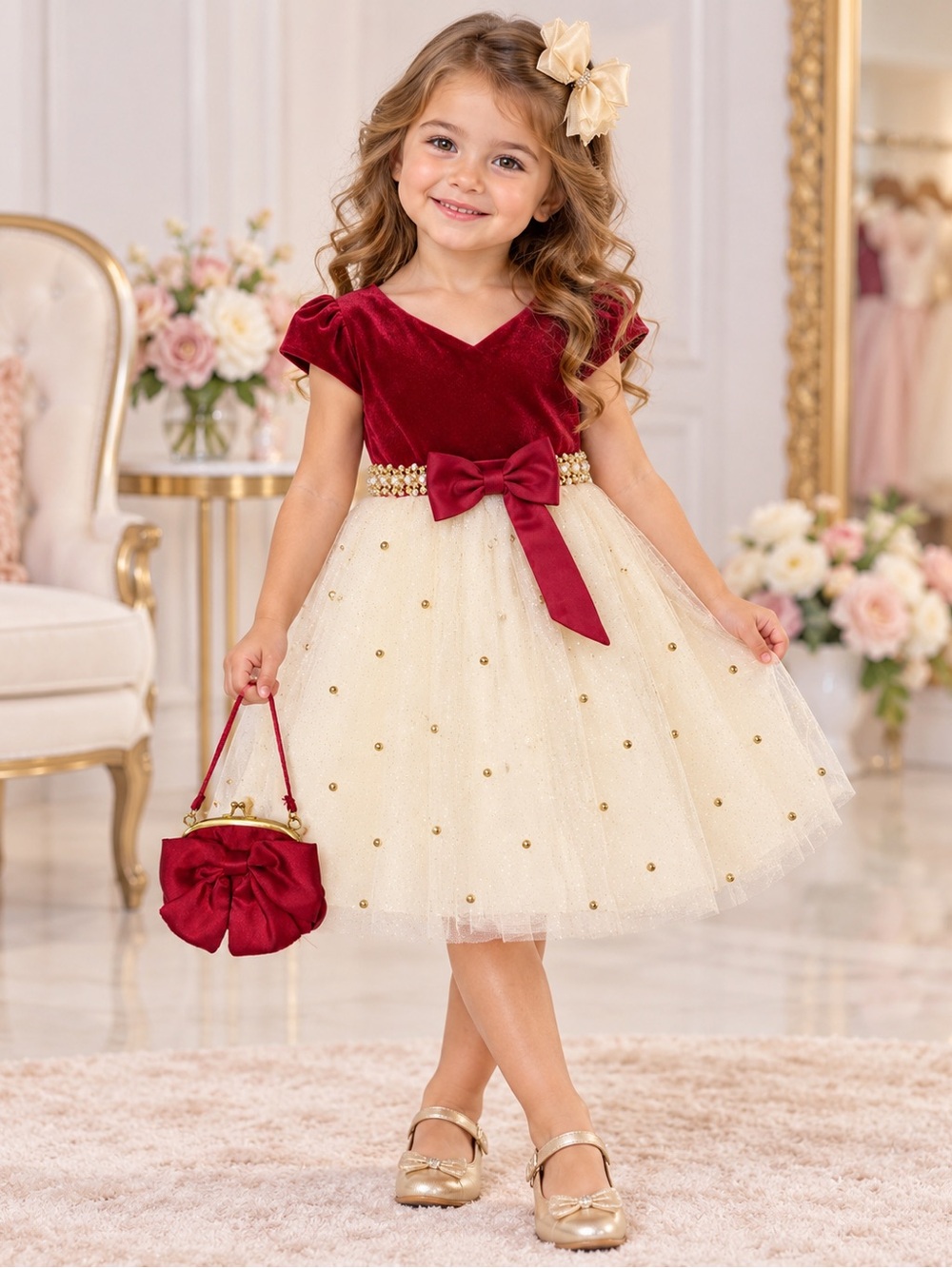 American Princess Girls 4T Ruby Velvet Gold Dress Purse Bow NWT